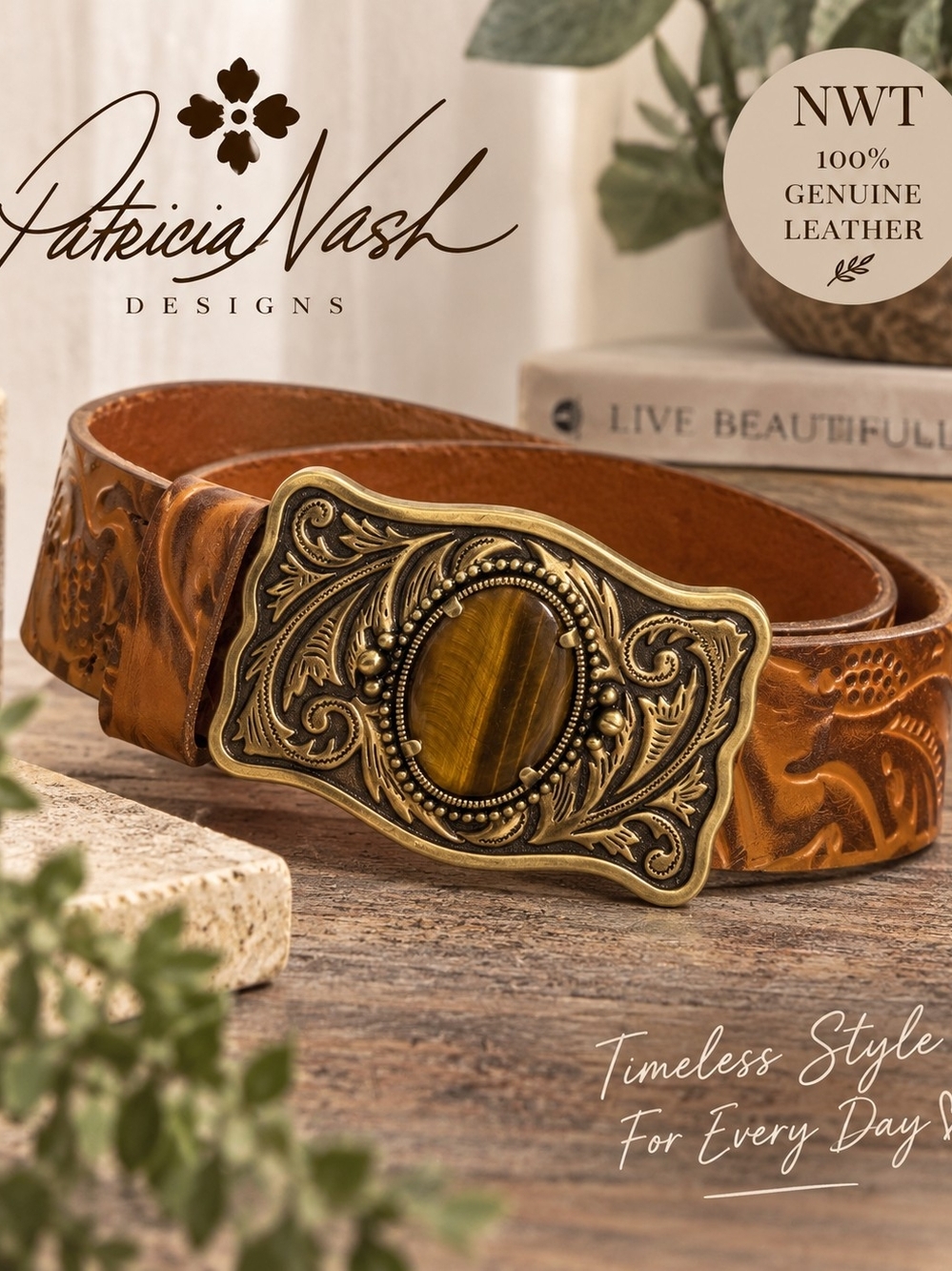 Patricia Nash Roseanna Embossed Leather Statement Belt Gold NWT Size S